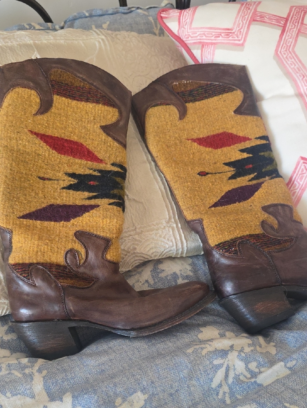Stetson Brown Leather Cowboy Boots with Mustard Southwestern Shaft